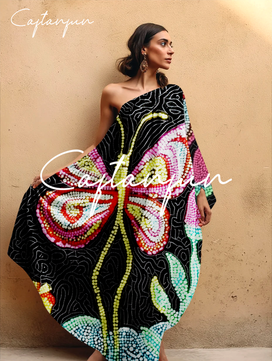 One-shoulder Abstract Butterfly Art Flowing Cotton And Linen Kaftan