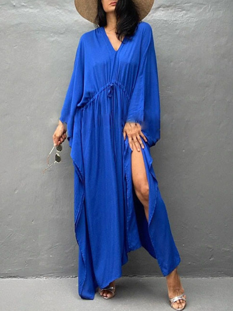 Womens V Neck Long Sleeve Solid Pattern Kaftan Maxidress
