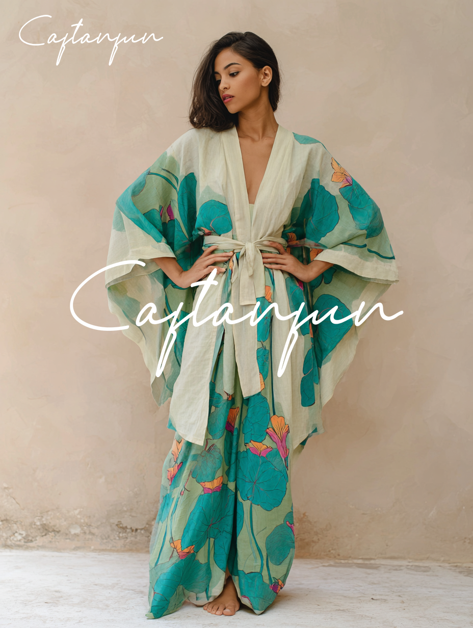 Kimono art abstract flower pattern linen lace-up coat and trousers two-piece suit