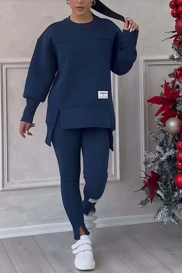 🎉Christmas Deals🎉Women's Casual Solid Color Round Neck Long Sleeve Slit Hem Sweatshirt Leggings Set