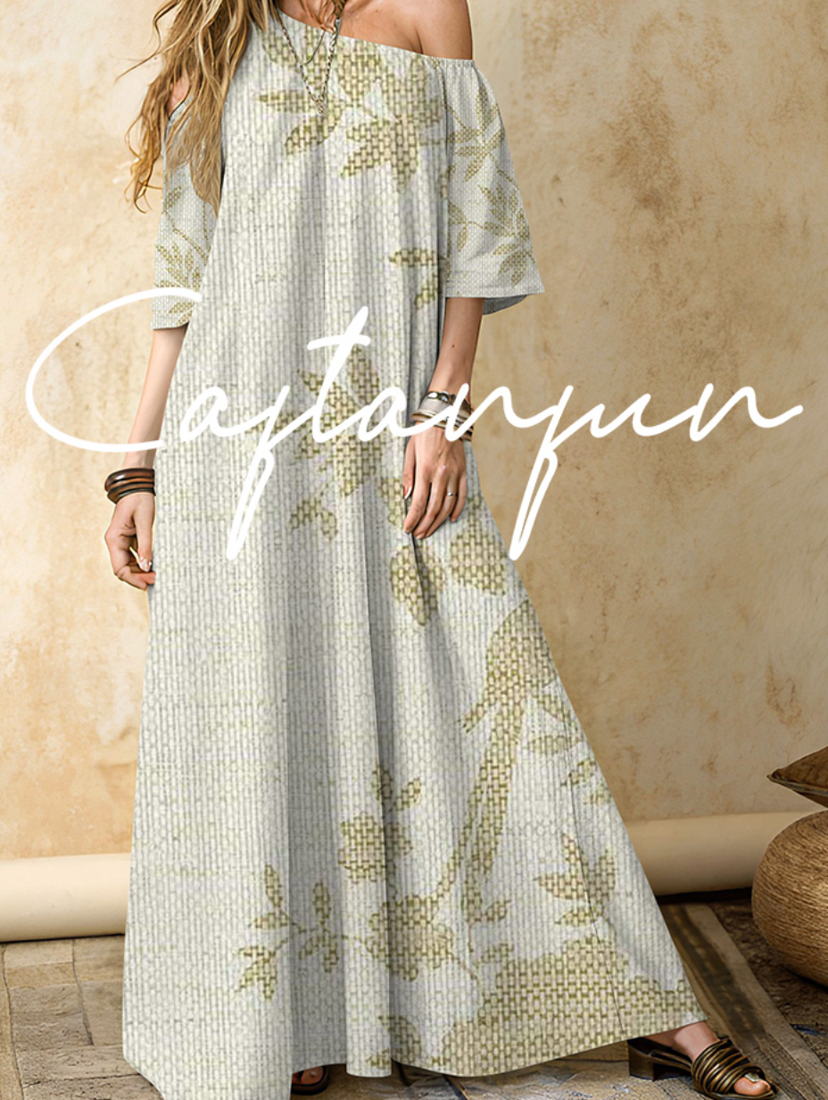 Women's Botanical Pattern Cotton and Linen Off-Shoulder Maxi Dress
