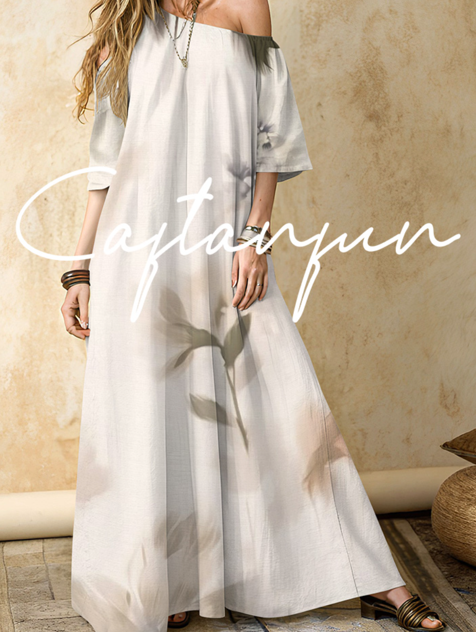 Women's floral cotton and linen one-shoulder long dress