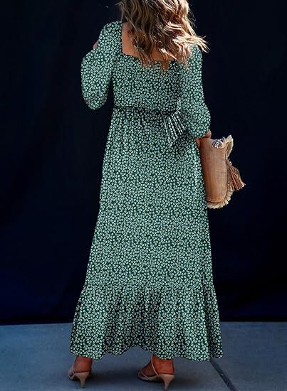 🔥2025 CRAZY DEAL🔥Spring Dresses for Women 2025 Boho Floral Smocked Square Neck Long Sleeve Button Down Beach Long Maxi Dress
