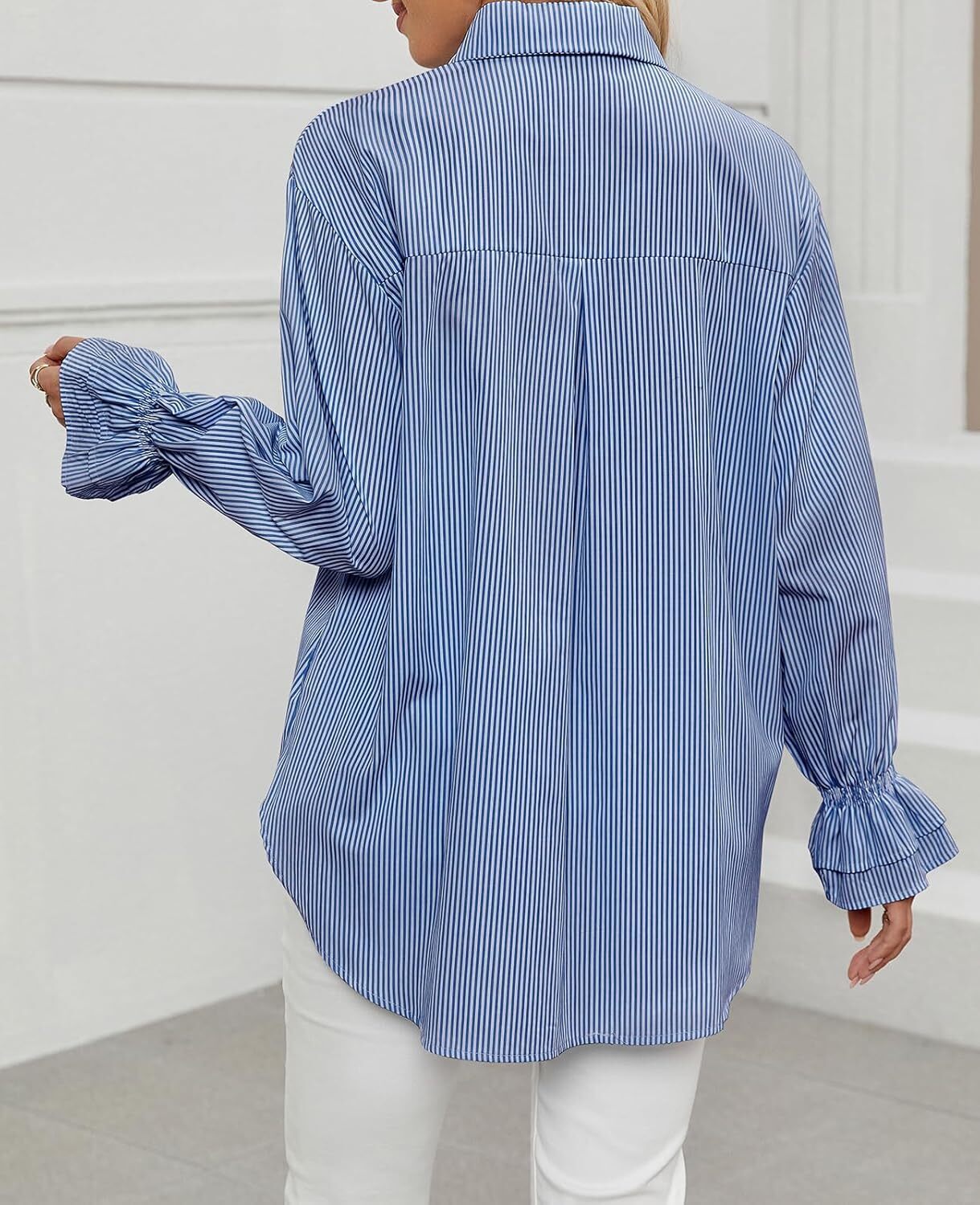 Women's Striped Button Down Shirts Smocked Cuffed Boyfriend Shirt Long Sleeve Blouse Top with 3 Pockets